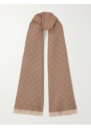 Gucci - Frayed Wool-jacquard Scarf - Neutrals - One size