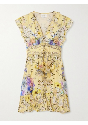 Camilla - Appliquéd Embellished Floral-print Linen-voile Mini Dress - Yellow - x small,small,medium,large,x large
