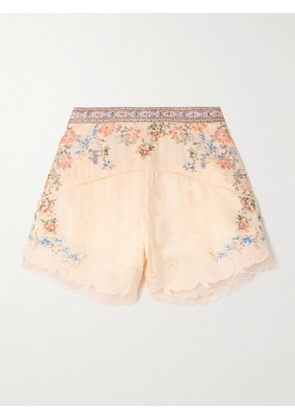 Camilla - Crystal-embellished Tulle-trimmed Embroidered Floral-print Satin-jacquard Shorts - Cream - x small,small,medium,large