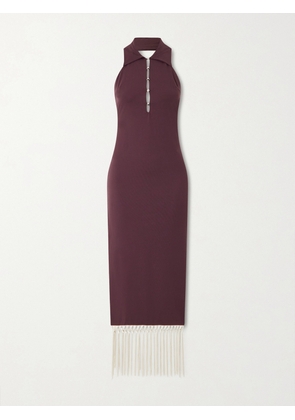 Taller Marmo - Tropical Sleeveless Tasseled Stretch-satin Midi Dress - Burgundy - x small,small,medium,large,x large