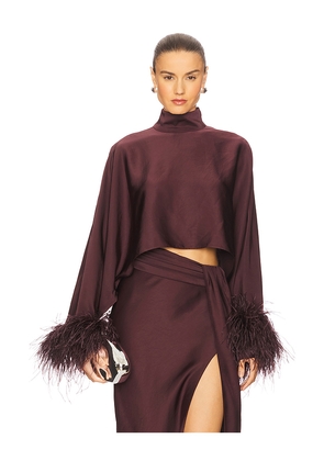 Lapointe Lightweight Satin Caftan Top With Feathers in Wine. Size S. Also in XS.