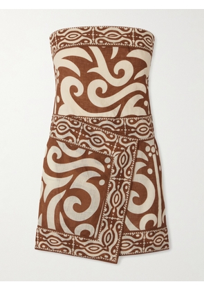 Johanna Ortiz - Raiz Ritual Strapless Printed Linen Mini Dress - Brown - US0,US2,US4,US6,US8,US10,US12