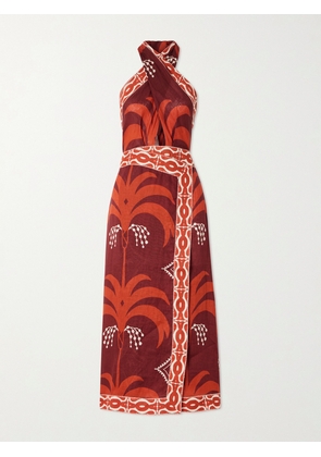 Johanna Ortiz - Cutout Printed Linen Halterneck Maxi Dress - Red - US0,US2,US4,US6,US8,US10,US12