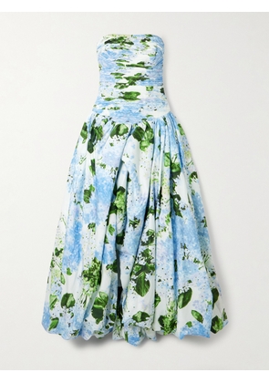 Aje - Behold Strapless Ruched Floral-print Cotton-poplin Gown - Blue - UK 4,UK 6,UK 8,UK 10,UK 12,UK 14,UK 16