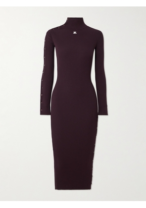 COURREGES - Embroidered Ribbed-knit Turtleneck Midi Dress - Burgundy - x small,small,medium,large,x large,xx large