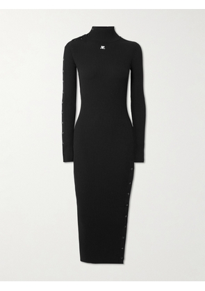 COURREGES - Embroidered Ribbed-knit Midi Turtleneck Dress - Black - x small,small,medium,large,x large,xx large