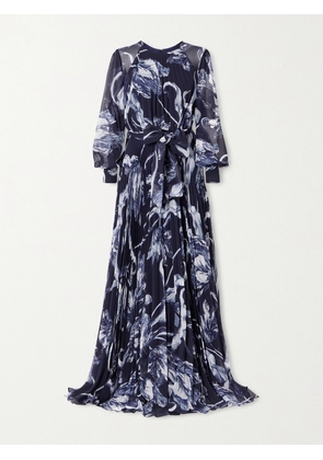 Erdem - Belted Pleated Printed Chiffon Gown - Blue - UK 6,UK 8,UK 10,UK 12,UK 14,UK 16,UK 18