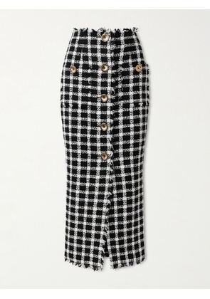Balmain - Frayed Checked Cotton-blend Tweed Midi Skirt - White - FR 34,FR 36,FR 38,FR 40,FR 42