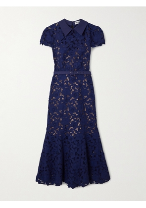 Self-Portrait - Belted Guipure Lace Midi Dress - Blue - UK 4,UK 6,UK 8,UK 10,UK 12,UK 14,UK 16,UK 18