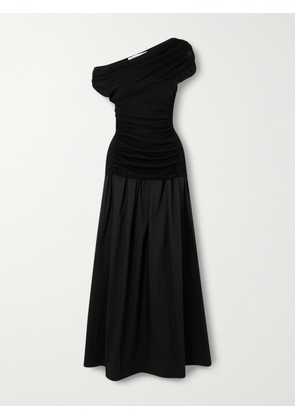 Self-Portrait - Off-the-shoulder Draped Knitted And Cotton Midi Dress - Black - UK 4,UK 6,UK 8,UK 10,UK 12,UK 14,UK 16