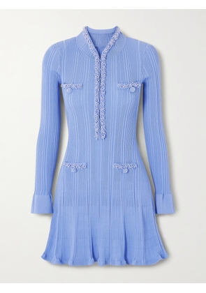 Self-Portrait - Faux Pearl-embellished Ribbed-knit Mini Dress - Blue - x small,small,medium,large