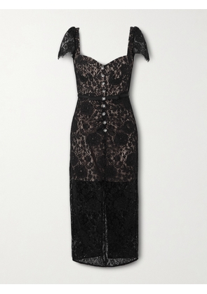 Self-Portrait - Belted Embellished Cotton-blend Lace Midi Dress - Black - UK 4,UK 6,UK 8,UK 10,UK 12,UK 14,UK 16