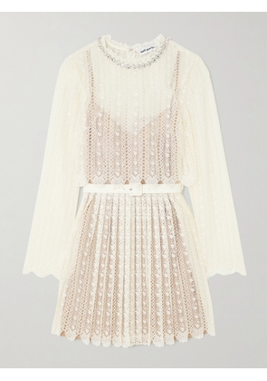 Self-Portrait - Belted Crystal-embellished Pleated Lace Mini Dress - Cream - UK 4,UK 6,UK 8,UK 10,UK 12,UK 14,UK 16