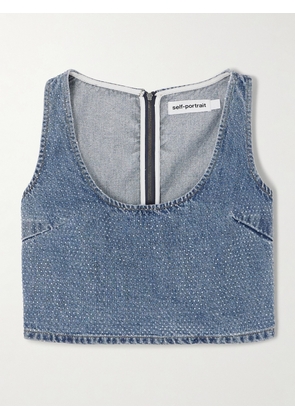 Self-Portrait - Cropped Crystal-embellished Denim Top - Blue - UK 4,UK 6,UK 8,UK 10,UK 12,UK 14