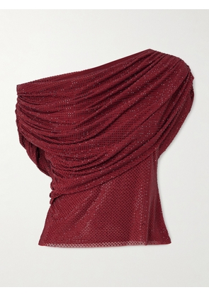 Self-Portrait - Off-the-shoulder Draped Crystal-embellished Mesh Top - Burgundy - UK 4,UK 6,UK 8,UK 10,UK 12,UK 14