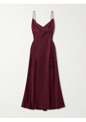 Self-Portrait - Georgette-trimmed Draped Satin Midi Dress - Burgundy - UK 4,UK 6,UK 8,UK 10,UK 12,UK 14,UK 16