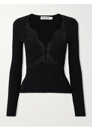 Self-Portrait - Lace-trimmed Ribbed-knit Top - Black - small,medium,large