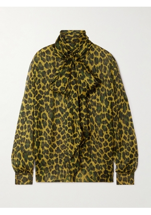 SAINT LAURENT - Pussy-bow Leopard-print Silk-mousseline Blouse - Green - FR 34,FR 36,FR 38