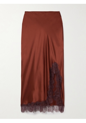 La Ligne - Demi Chantilly Lace-trimmed Silk-satin Midi Skirt - Burgundy - xx small,x small,small,medium,large,x large