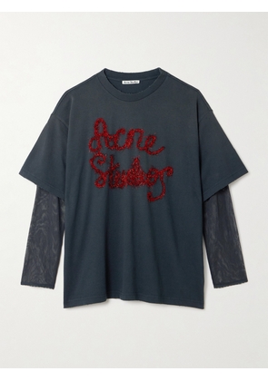 Acne Studios - Tinsel-trimmed Layered Cotton-jersey And Mesh T-shirt - Gray - xx small,x small,small,medium,large