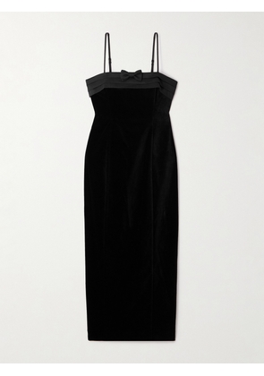 Posse - Quincy Pleated Bow-detailed Satin-trimmed Cotton-velvet Midi Dress - Black - xx small,x small,small,medium,large,x large,xx large