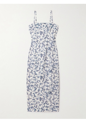 Posse - Rue Pleated Printed Linen And Silk-blend Midi Dress - Blue - xx small,x small,small,medium,large,x large,xx large
