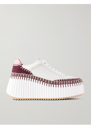 Chloé - Nama Embroidered Suede-trimmed Leather Platform Sneakers - Burgundy - IT35,IT36,IT37,IT38,IT39,IT40,IT41,IT42