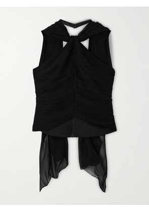 Posse - Solene Scarf-detailed Ruched Chiffon Halterneck Top - Black - xx small,x small,small,medium,large,x large,xx large