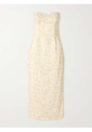 Posse - Isla Strapless Floral-print Linen And Silk-blend Midi Dress - Yellow - xx small,x small,small,medium,large,x large,xx large