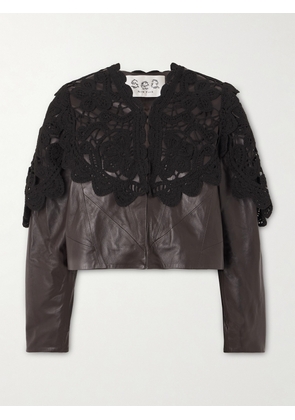 Sea - Gwen Cropped Scalloped Crochet-trimmed Leather Jacket - Brown - x small,small,medium,large,x large