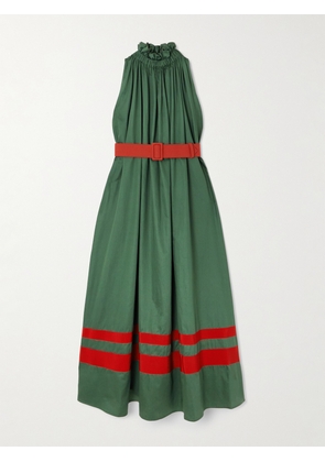 Marta Ferri - Camogli Belted Ruched Grosgrain-trimmed Cotton-poplin Halterneck Midi Dress - Green - S/M,M/L,L/XL
