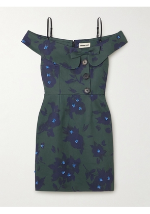 SHUSHU/TONG - Asymmetric Off-the-shoulder Embellished Floral-print Cotton Mini Dress - Green - UK 4,UK 6,UK 8,UK 10,UK 12,UK 14