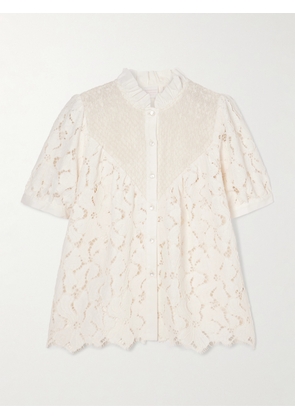 Loretta Caponi - Iole Ruffled Smocked Cotton-trimmed Guipure Lace Blouse - Off-white - x small,small,medium,large,x large