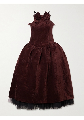 SHUSHU/TONG - Bow-embellished Crushed-velvet Midi Dress - Burgundy - UK 6,UK 8,UK 10,UK 12,UK 14
