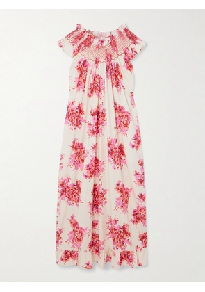 Loretta Caponi - Delfina Ruffled Smocked Floral-print Cotton Maxi Dress - Pink - One size