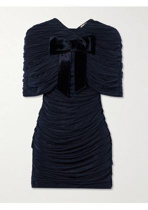 SHUSHU/TONG - Bow-embellished Velvet-trimmed Gathered Jersey Mini Dress - Blue - UK 4,UK 6,UK 8,UK 10,UK 12,UK 14