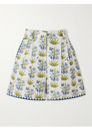 Emporio Sirenuse - Beatrice Celestine Pleated Floral-print Linen And Cotton-blend Shorts - Blue - IT36,IT38,IT40,IT42,IT44,IT46,IT48