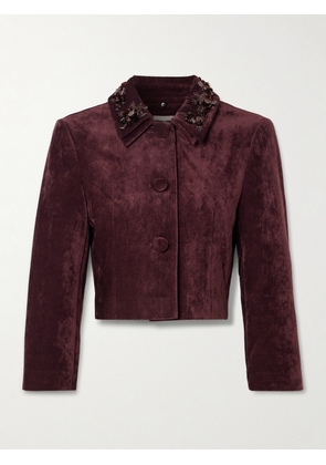 SHUSHU/TONG - Cropped Embellished Velvet Jacket - Burgundy - UK 4,UK 6,UK 8,UK 10,UK 12,UK 14,UK 16