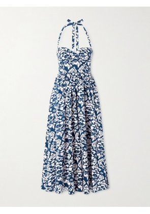 Emporio Sirenuse - Johanna Lotus Pleated Floral-print Cotton-twill Halterneck Midi Dress - Blue - IT36,IT38,IT40,IT42,IT44,IT46,IT48,IT50
