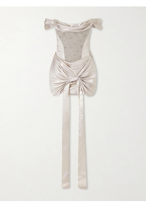 Clio Peppiatt - Paloma Convertible Draped Embellished Satin Mini Dress - Silver - x small,small,medium,large