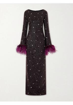 Clio Peppiatt - Mae Feather-trimmed Embellished Beaded Tulle Gown - Purple - x small,small,medium,large