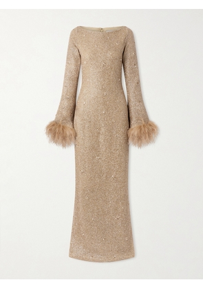 Clio Peppiatt - Mae Feather-trimmed Embellished Beaded Tulle Gown - Gold - x small,small,medium,large