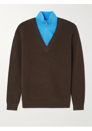 Tibi - Layered Knit-trimmed Ribbed Wool-blend Half-zip Sweater - Brown - x small,small,medium,large,x large