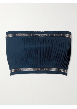 Emporio Sirenuse - Flavia Strapless Cropped Embroidered Pleated Cotton-blend Top - Blue - IT36,IT38,IT40,IT42,IT44,IT46,IT48