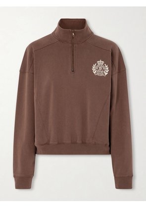 Sporty & Rich - Embroidered Cotton-jersey Half-zip Sweatshirt - Brown - x small,small,medium,large,x large