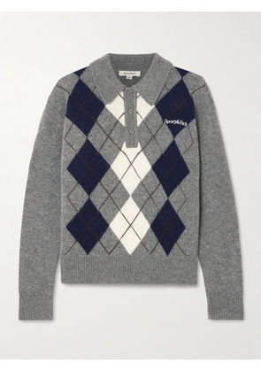 Sporty & Rich - Embroidered Argyle Cashmere And Wool-blend Polo Sweater - Gray - x small,small,medium,large,x large