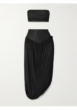 Maygel Coronel - Noregia Ruched Draped Appliquéd Stretch-jersey Strapless Top And Midi Skirt Set - Black - Petite,One Size,Extended