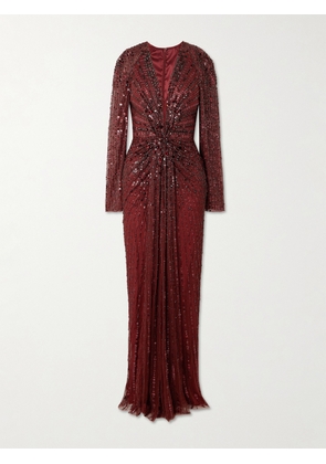 Jenny Packham - Nina Gathered Embellished Tulle Gown - Burgundy - UK 6,UK 8,UK 10,UK 12,UK 14