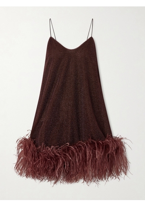 Oséree - Lumière Feather-trimmed Stretch Metallic Mini Dress - Brown - S/M,M/L