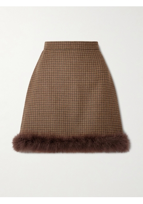 Valentino Garavani - Feather-trimmed Houndstooth Wool Mini Skirt - Brown - IT36,IT38,IT40,IT42,IT44,IT46